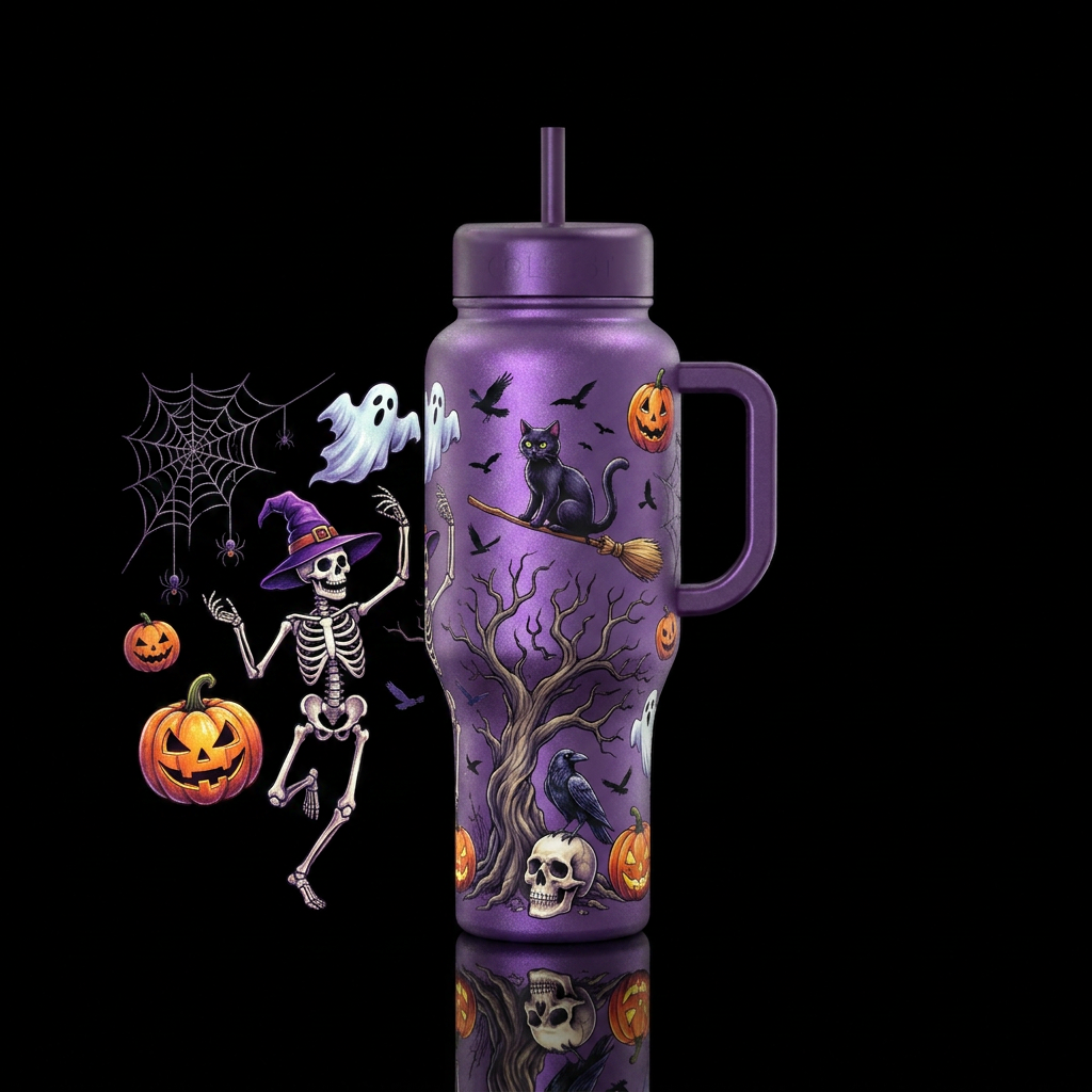 Cats, crows and skulls oh my water bottle design