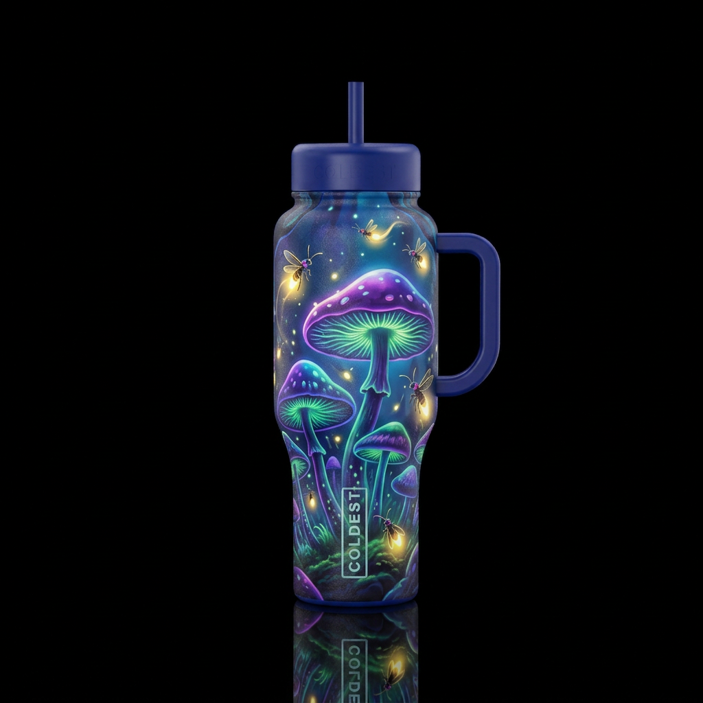 Bugs and mushrooms water bottle design