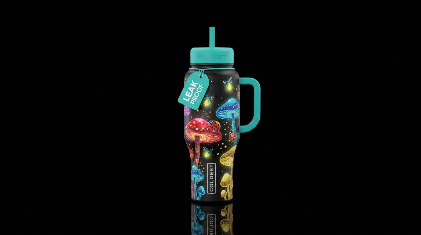 Mushrooms and bugs water bottle design