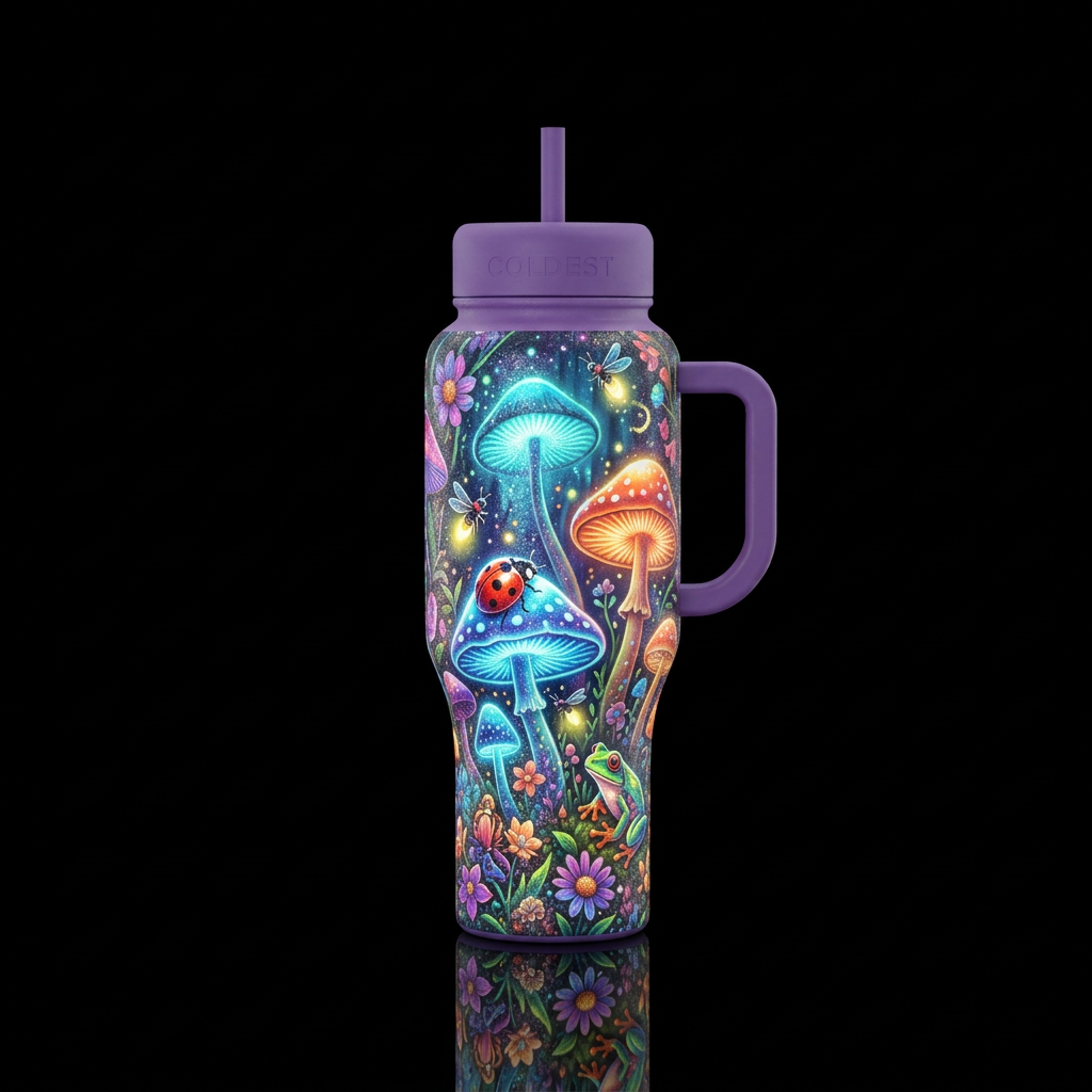 Bugs frogs mushrooms water bottle design