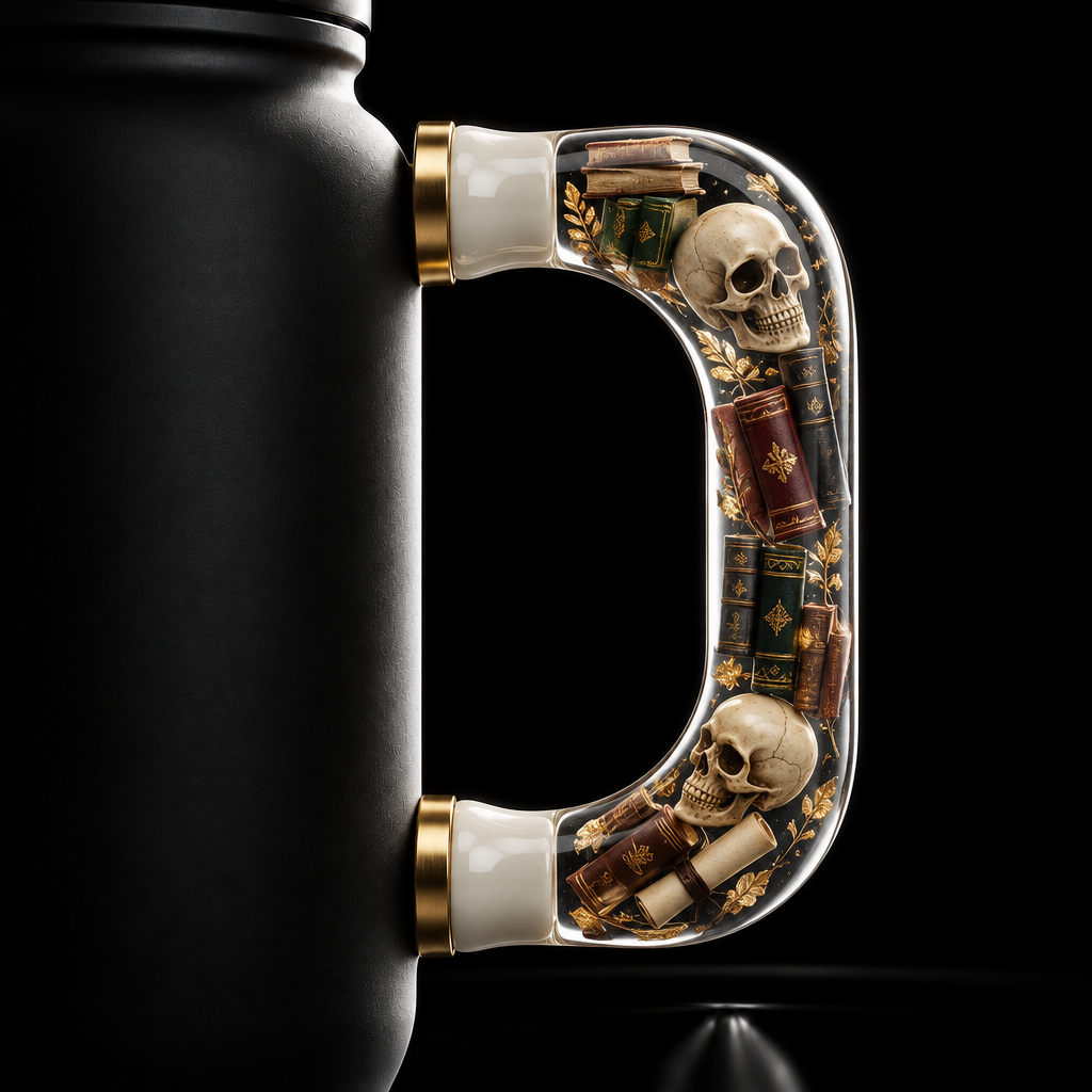 Books and skulls water bottle design