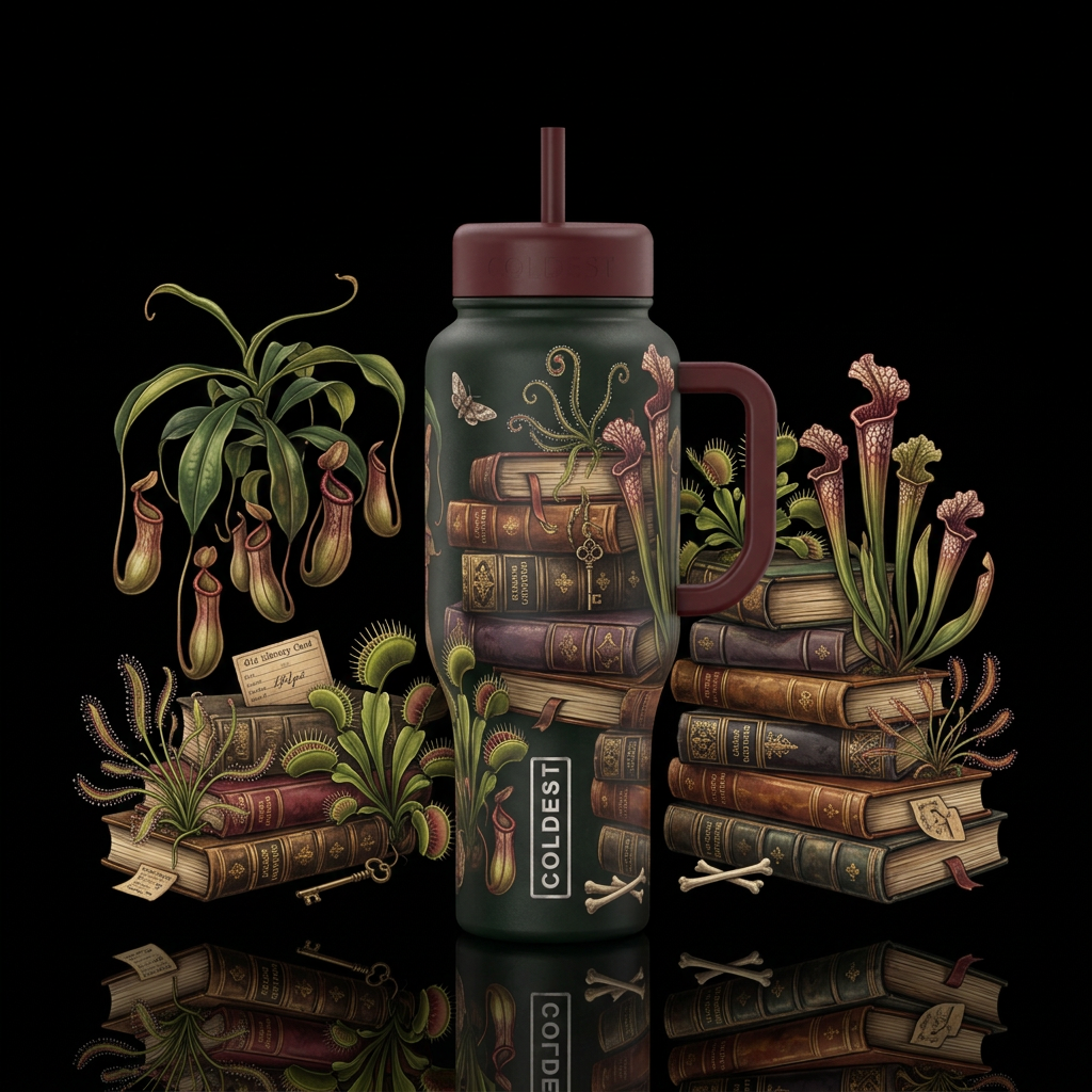 The Carnivorous Library water bottle design