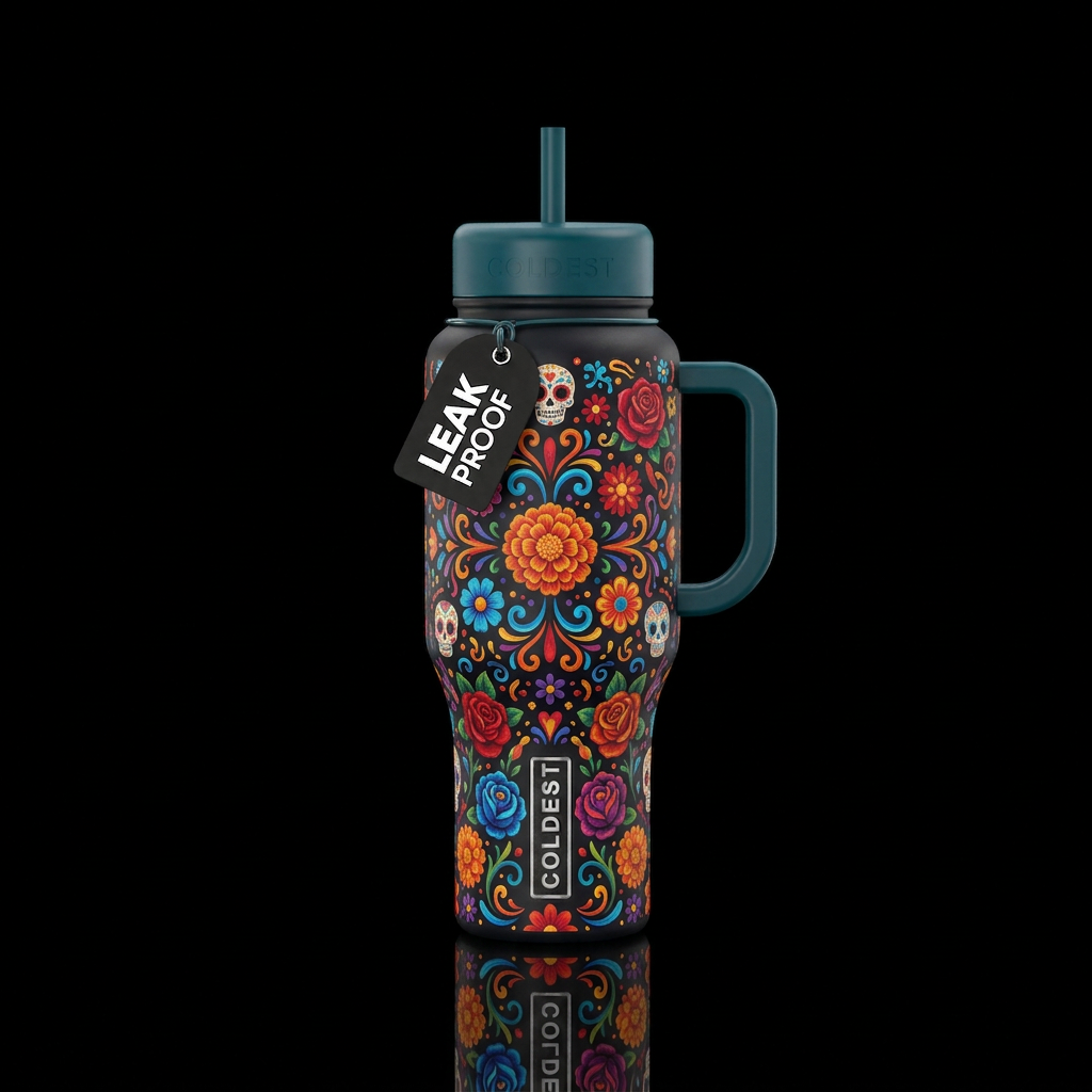 Flowery skulls water bottle design
