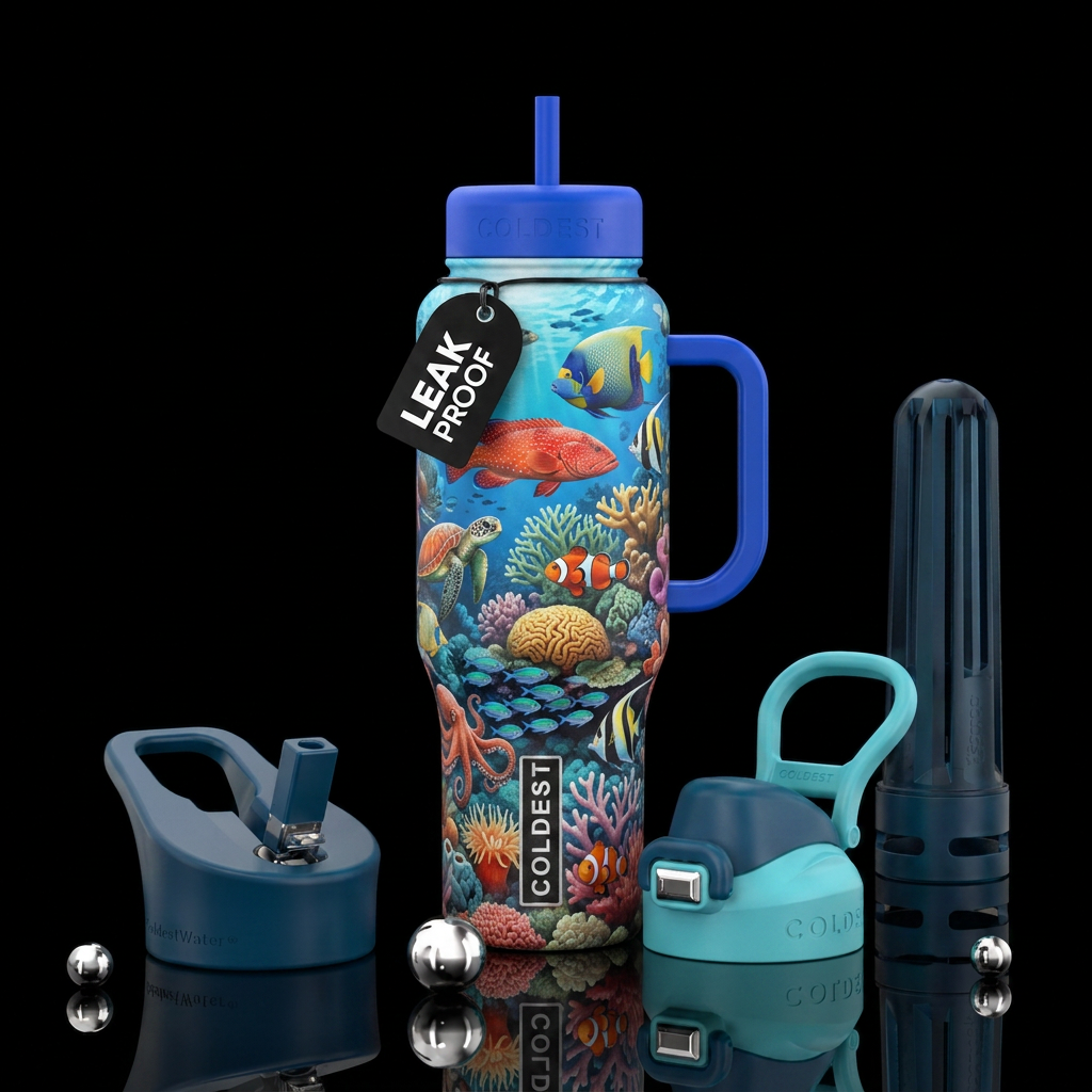 tropical fish, under the sea, vibrant colors water bottle design