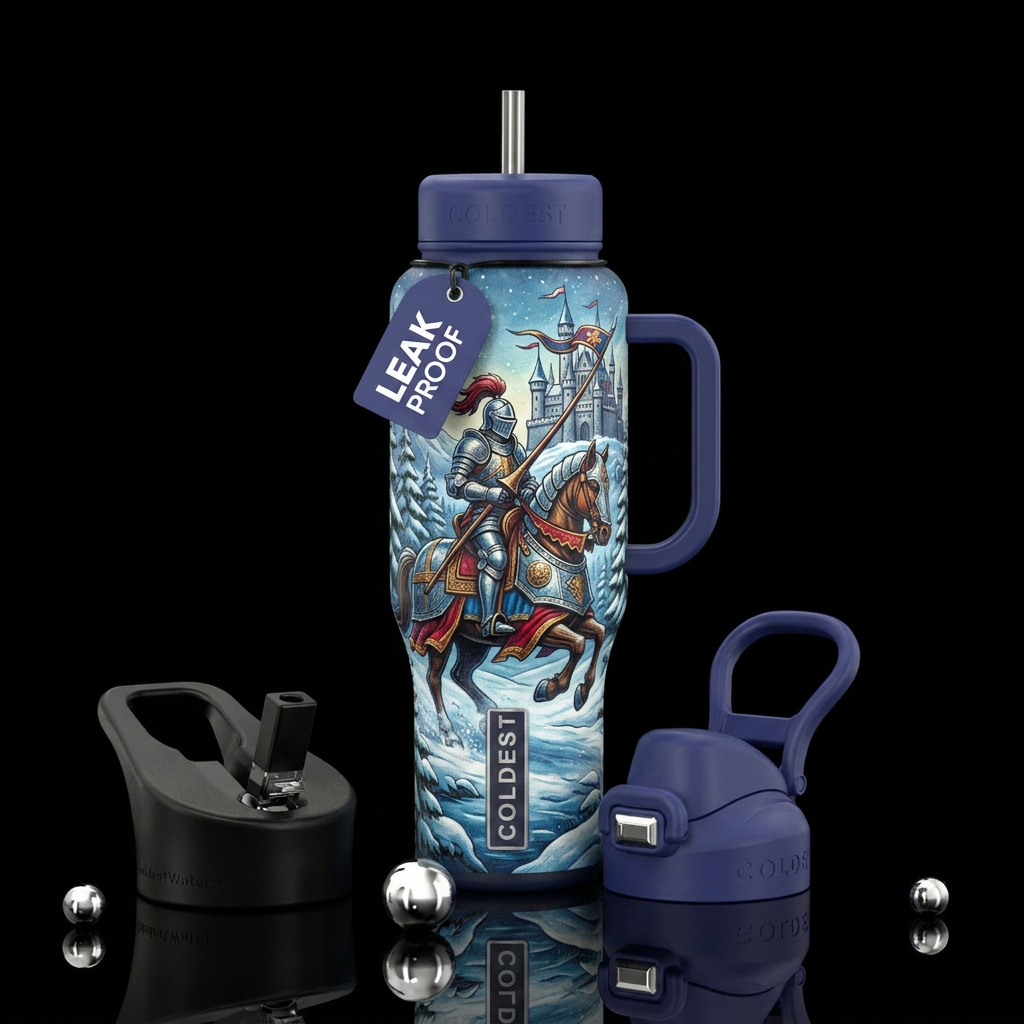 Medieval knight on a horse, castle in background, ... water bottle design