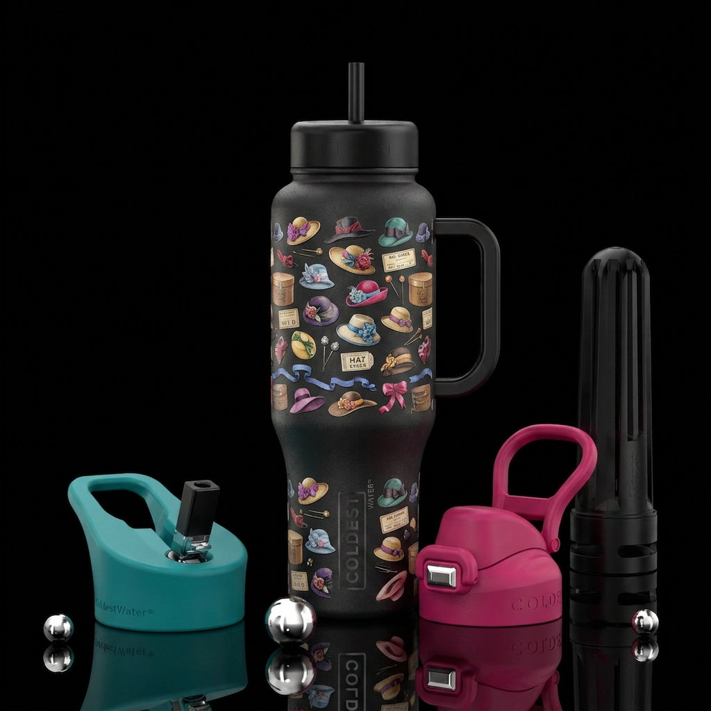 Ladies hat shop, bright colors water bottle design
