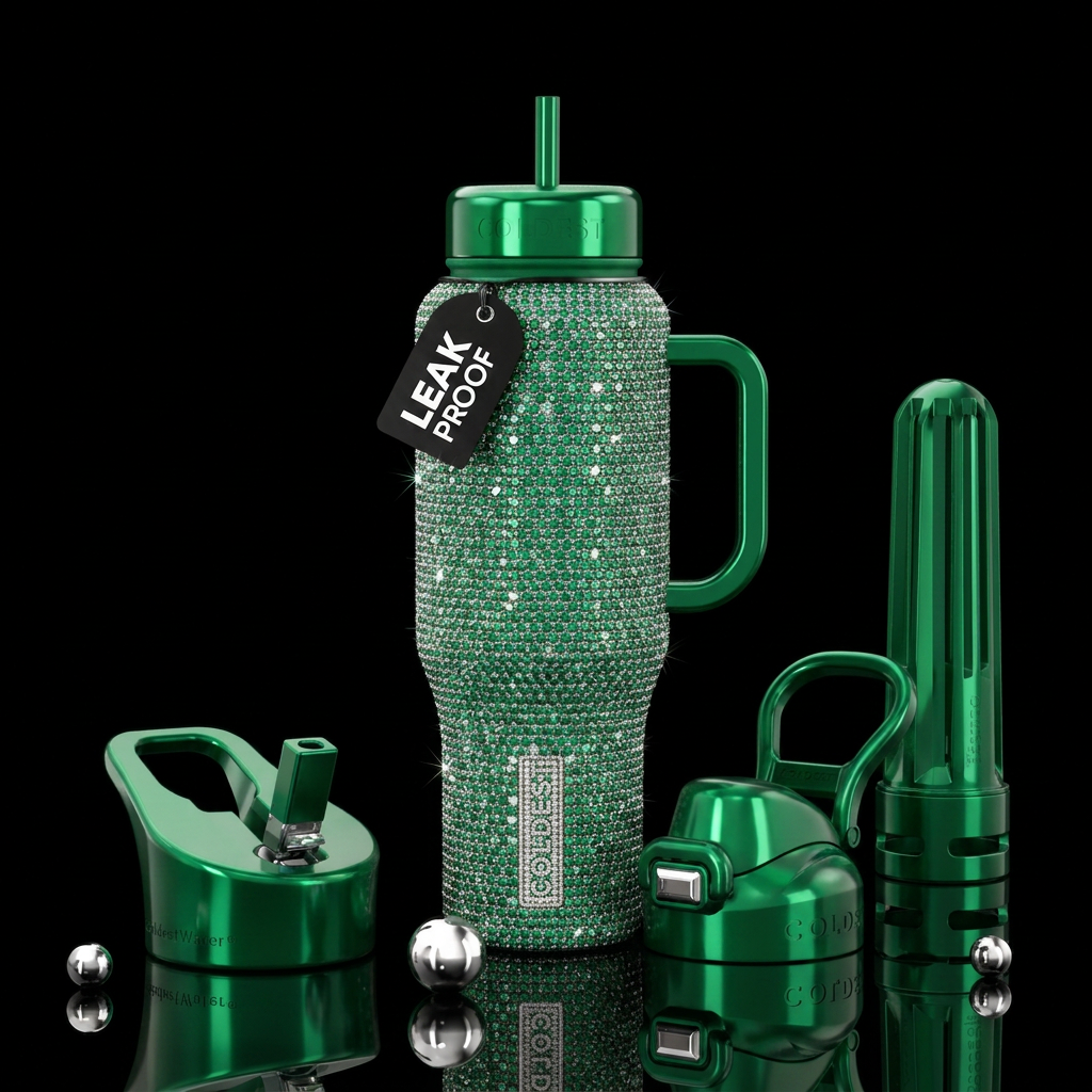 Sparkly, diamonds, emeralds, light green bottle water bottle design
