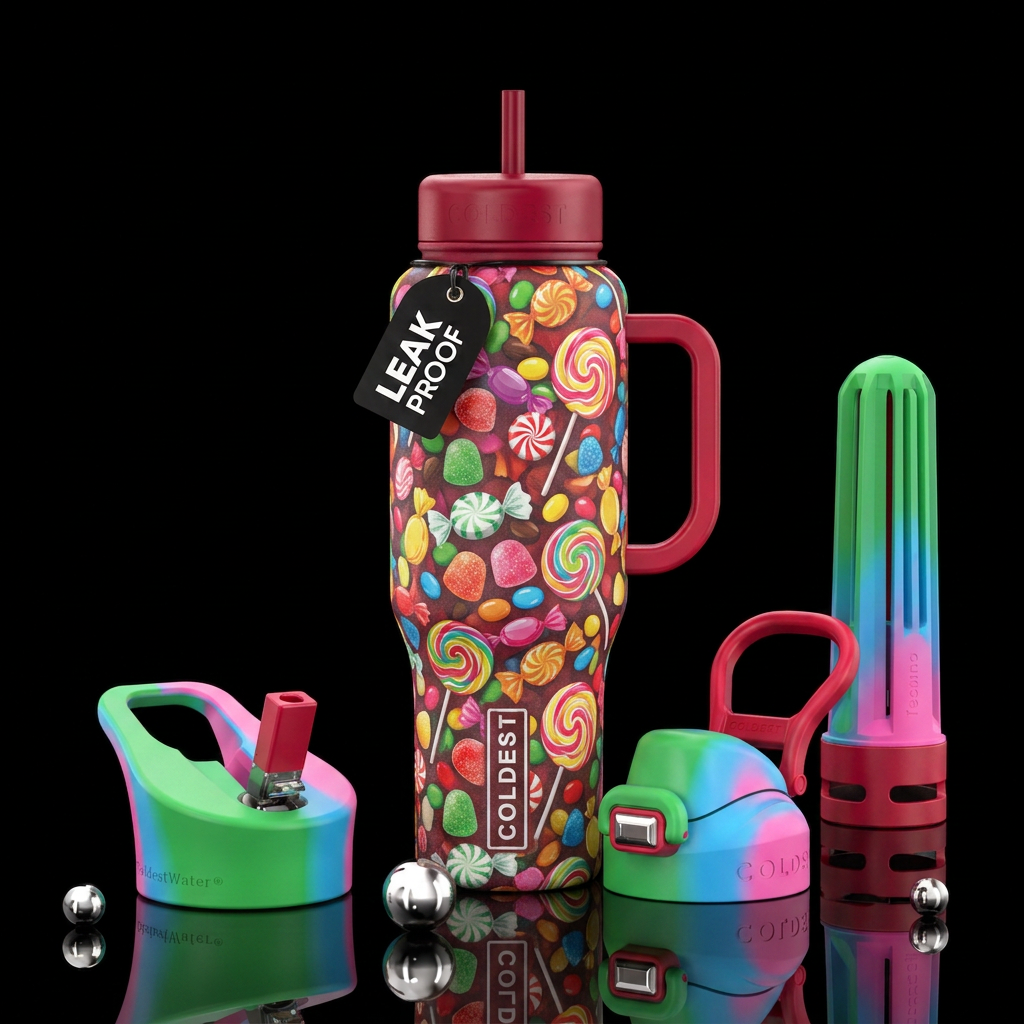 Vibrant colors, wrapped candy pieces and lollipops water bottle design