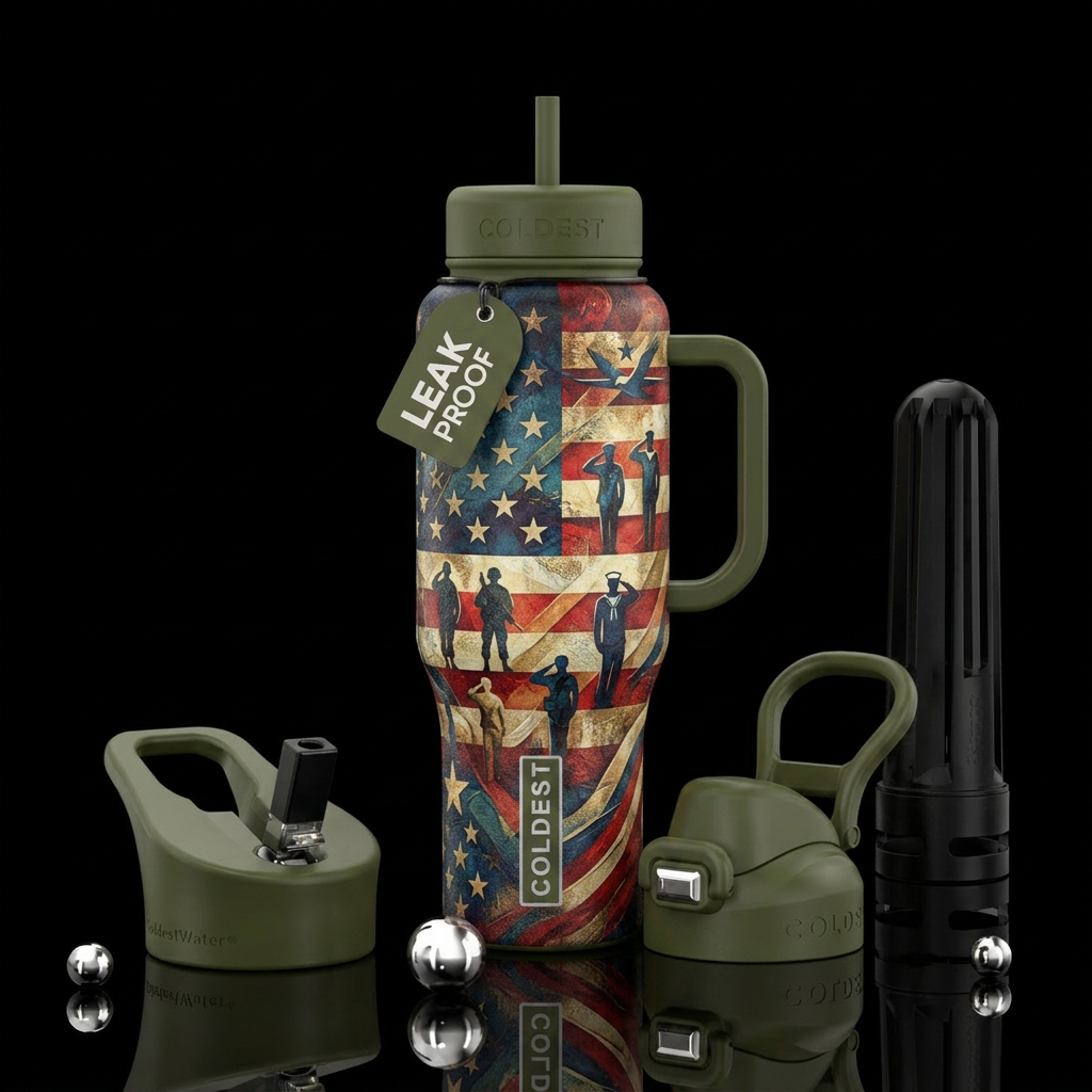 Honoring armed forces veterans, patriotic water bottle design