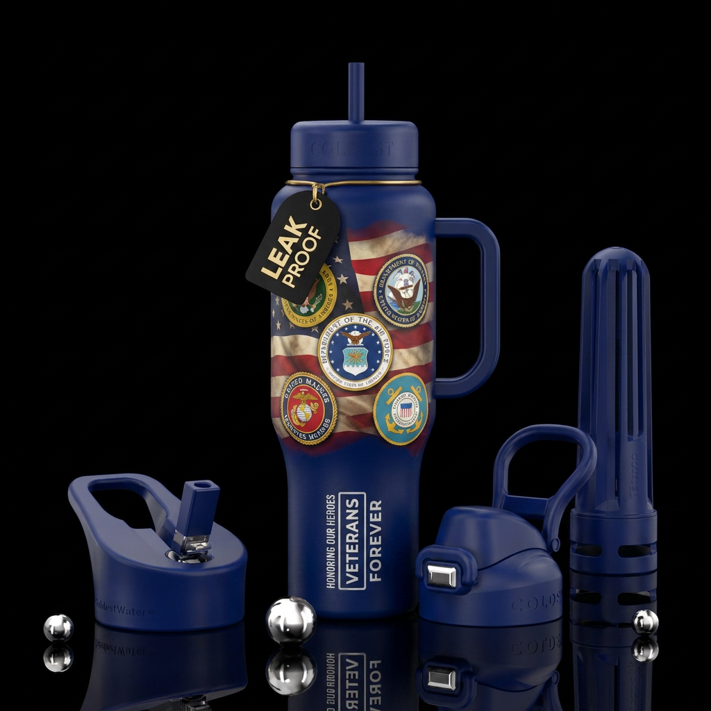 Honoring armed forces veterans, patriotic water bottle design