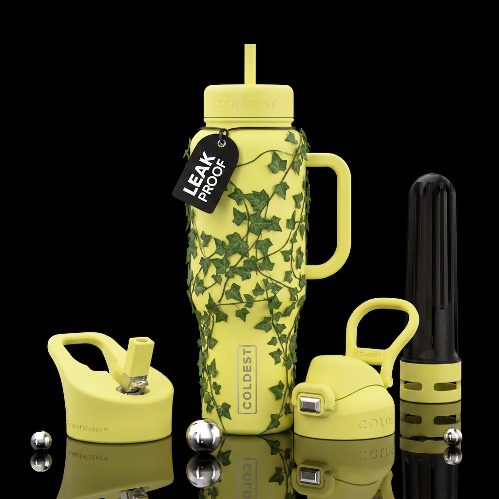 Ivy vines wrapping around bottle, light yellow bot... water bottle design