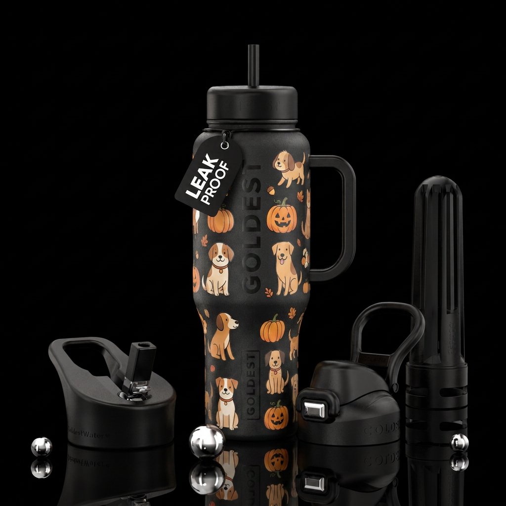 whimsical, cartoon, dog, pumpkin patch water bottle design