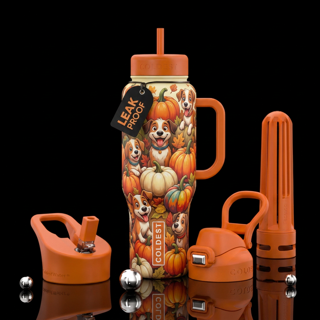 whimsical, cartoon, dog, pumpkin patch water bottle design