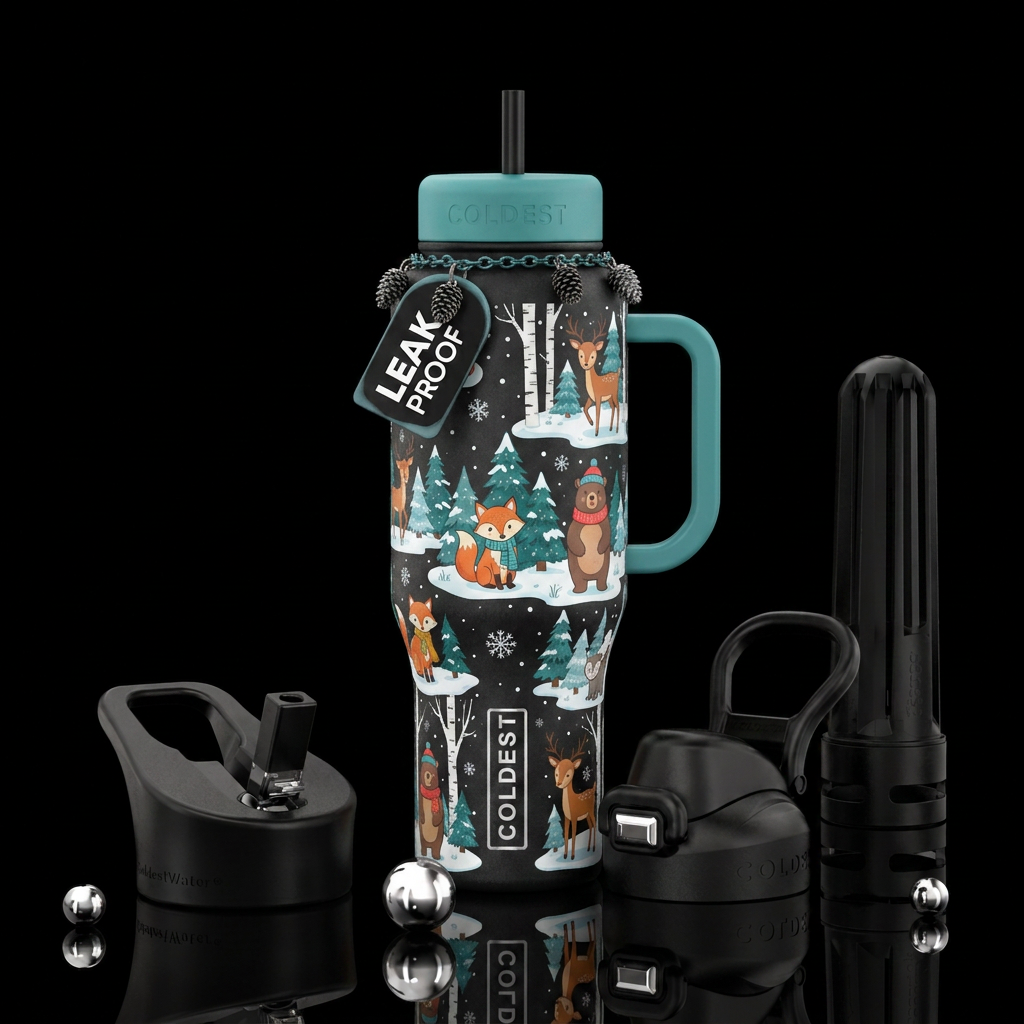 whimsical, cartoon, winter, forest animals water bottle design