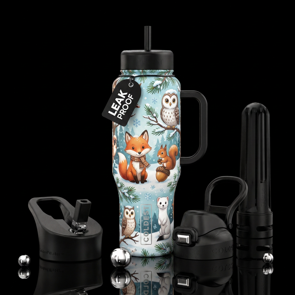 whimsical, cartoon, winter, forest animals water bottle design