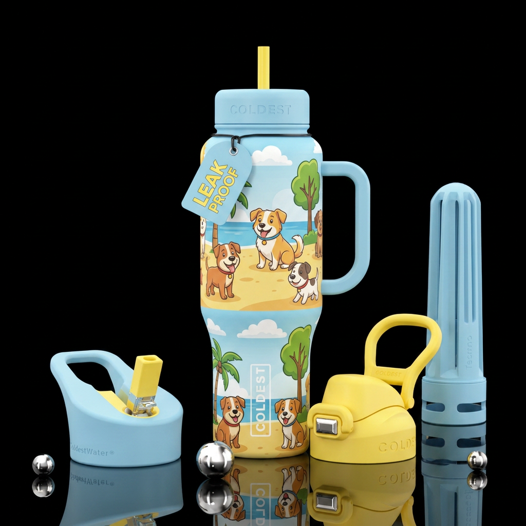 Whimsical, cartoon, summer, dogs, beach, clouds, t... water bottle design