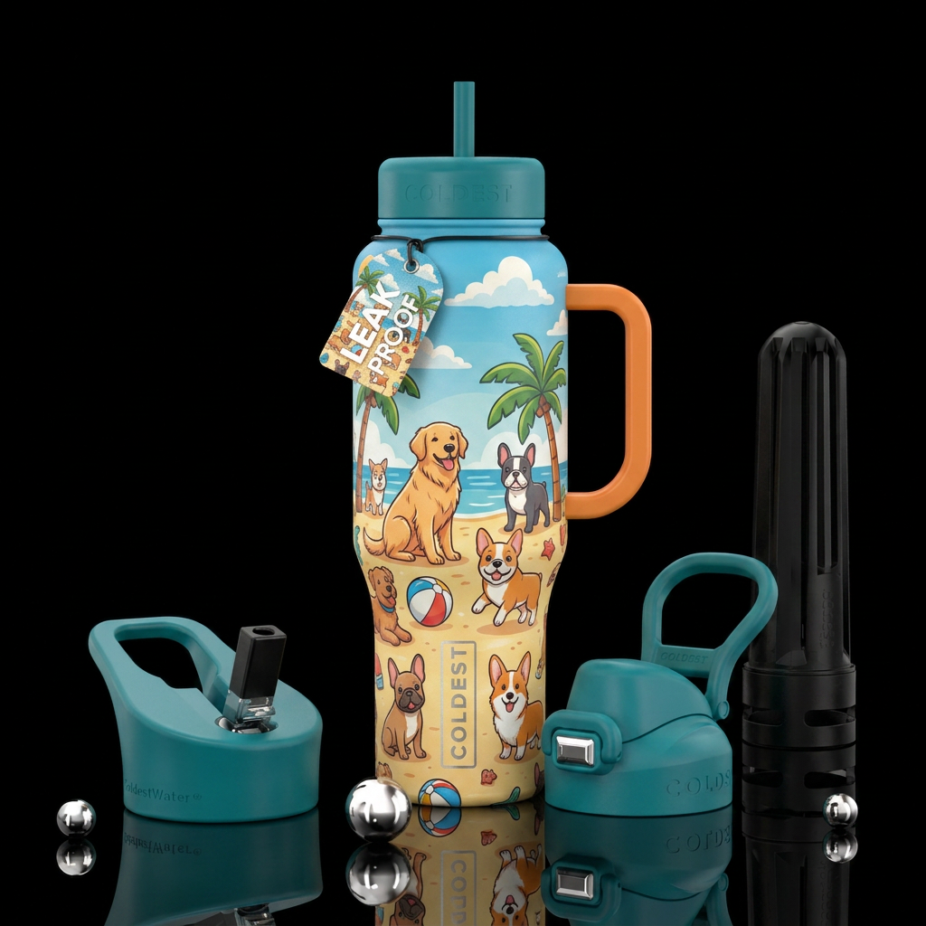 Whimsical, cartoon, summer, dogs, beach, clouds, t... water bottle design