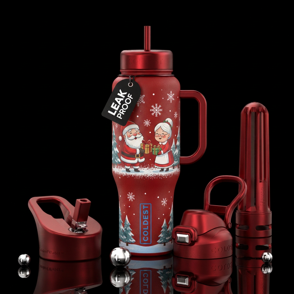 Whimsical, cartoon, Christmas, Santa and Mrs. Clau... water bottle design