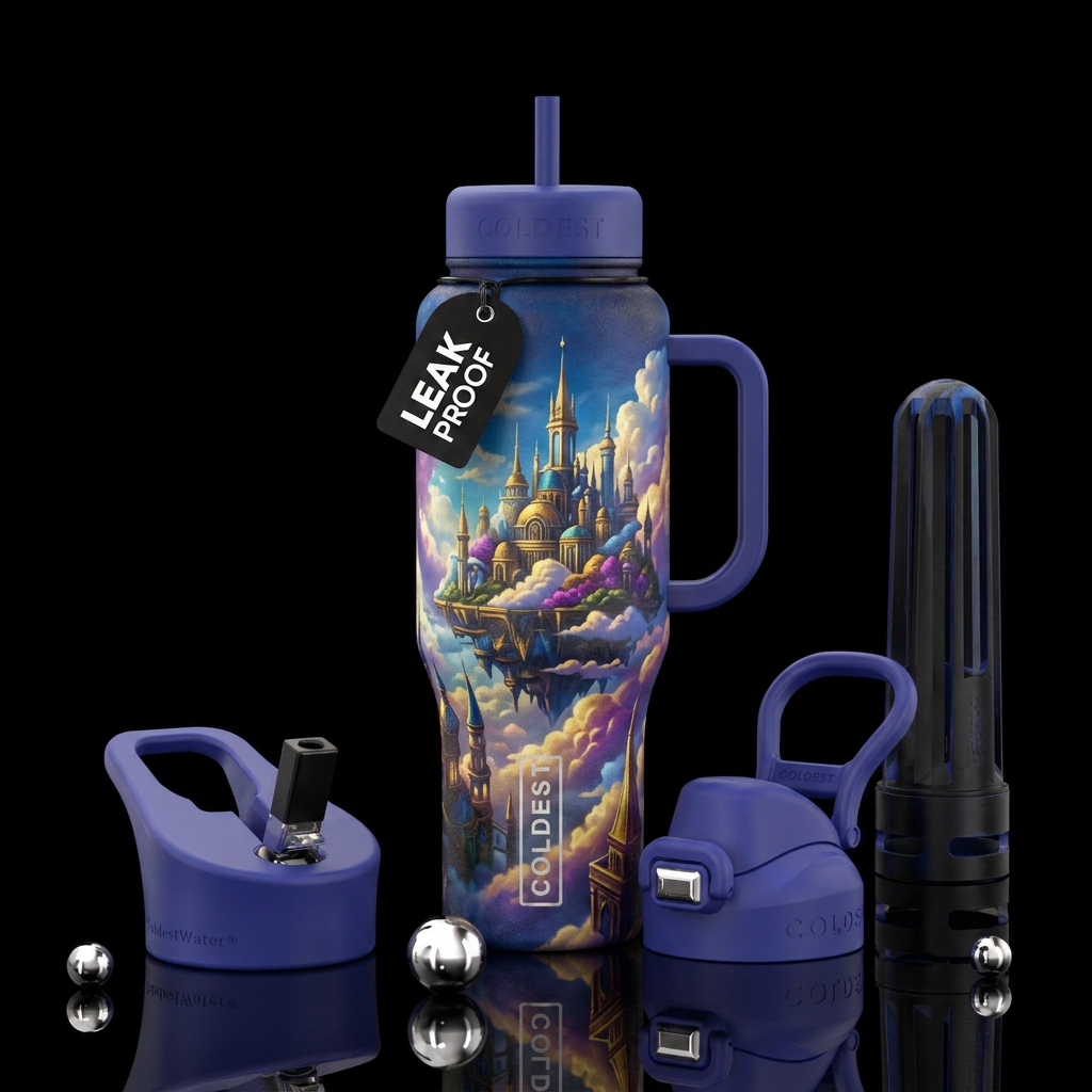 cloud city, beautiful, lush colors water bottle design