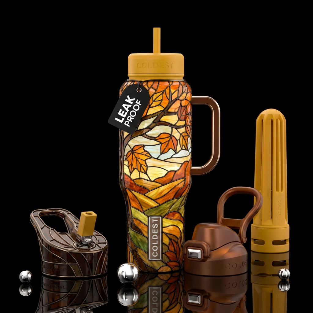 Stained glass fall scene with browns, yellows, ora... water bottle design
