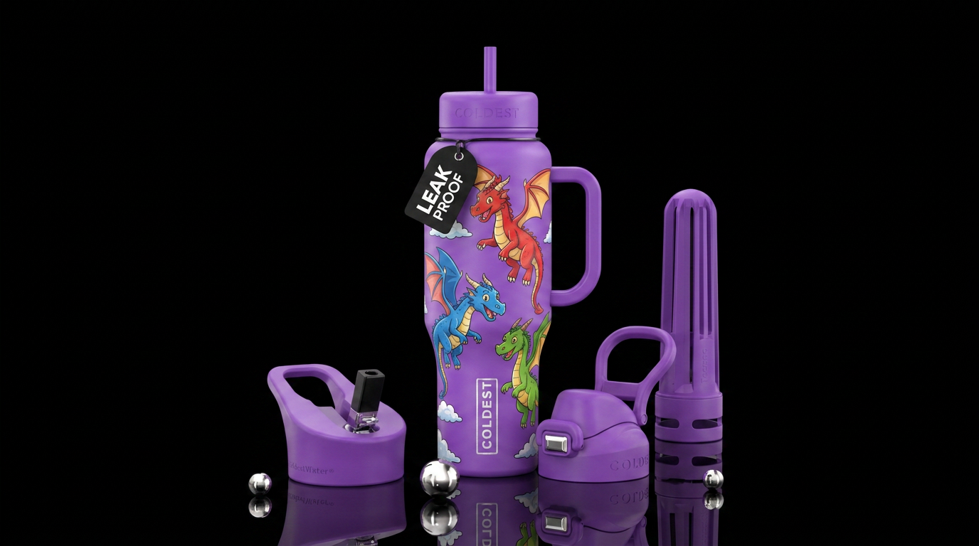 Fun, cartoon, dragon flying, vibrant colors water bottle design