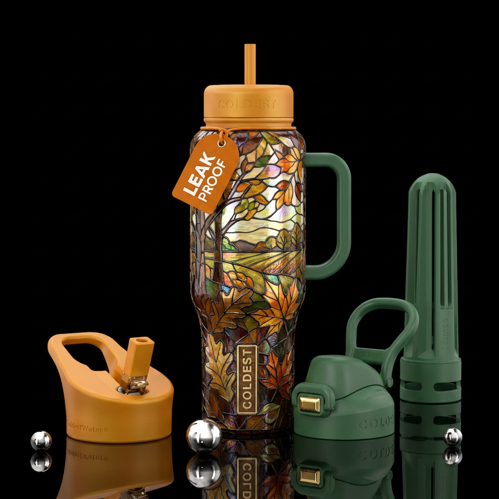 Stained glass fall scene with browns, yellows, ora... water bottle design