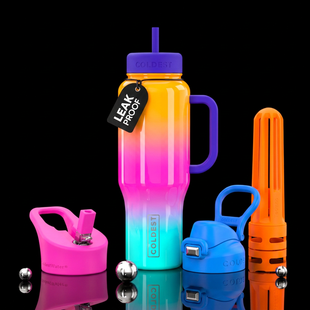 neon ombré colors, shiny water bottle design