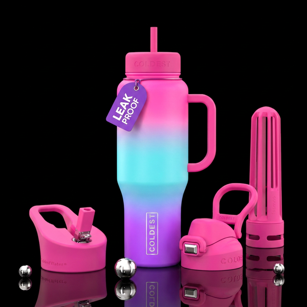 neon ombré colors, shiny water bottle design