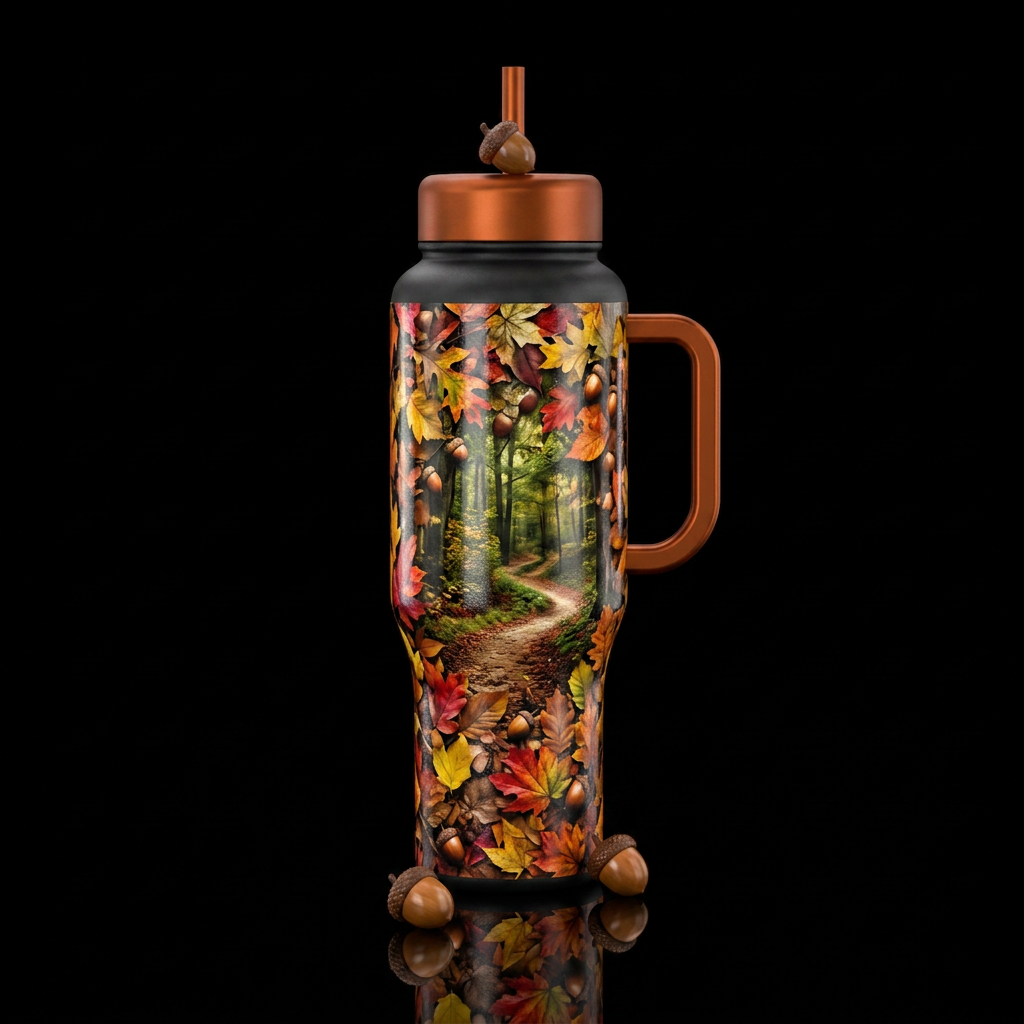 Nature, fall day, colorful leaves, acorns, trail i... water bottle design