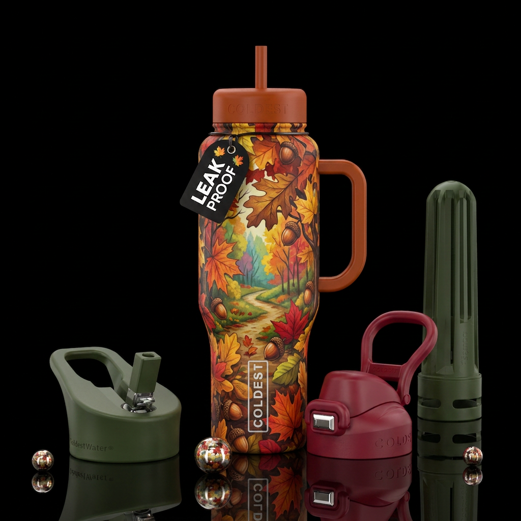 Nature, fall day, colorful leaves, acorns, trail i... water bottle design
