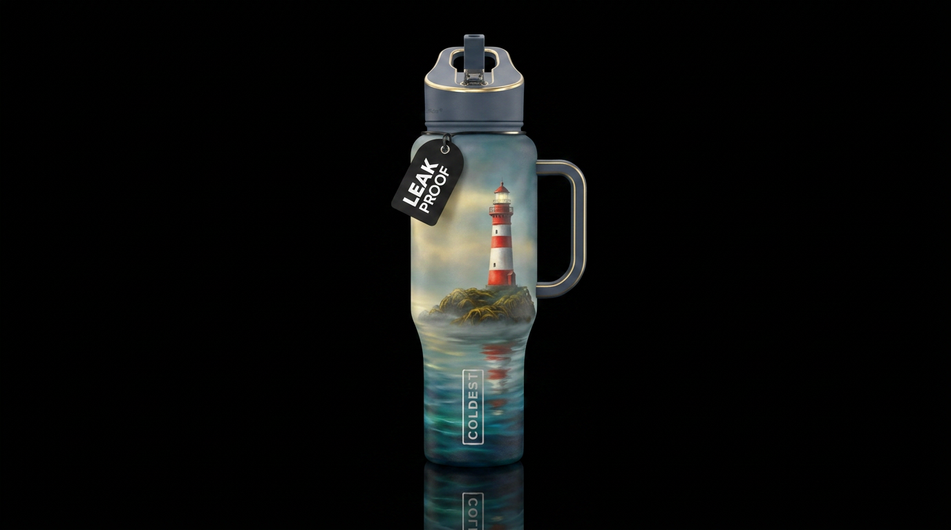 foggy morning at sea, lighthouse water bottle design