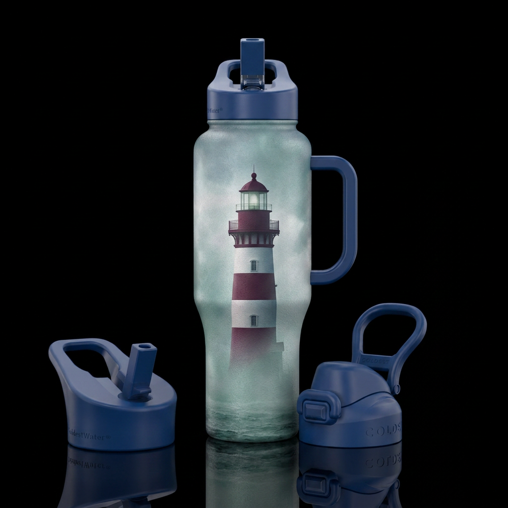 foggy morning at sea, lighthouse water bottle design