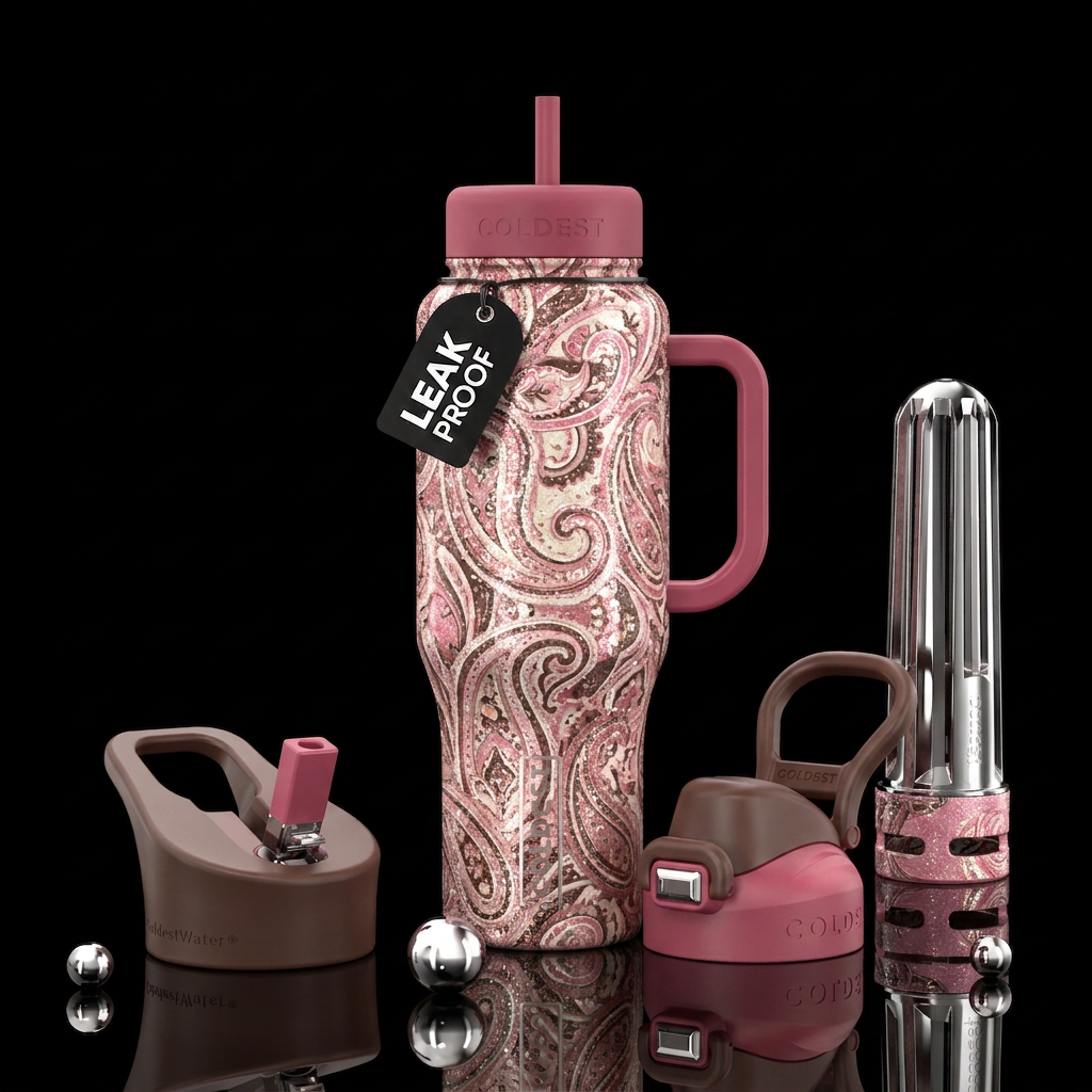 luxurious, sparkly, paisley pattern with pinks, cr... water bottle design
