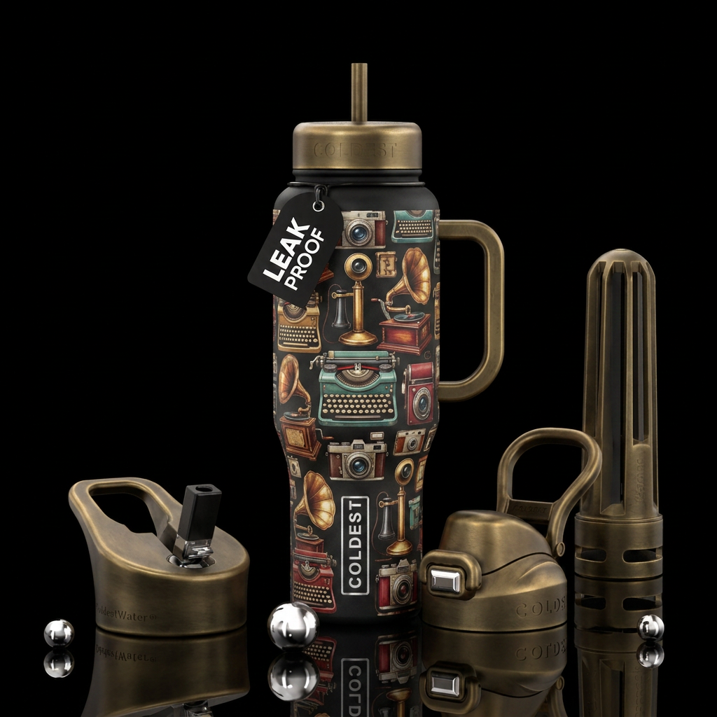 old, ancient, typewriters, telephones, phonographs... water bottle design
