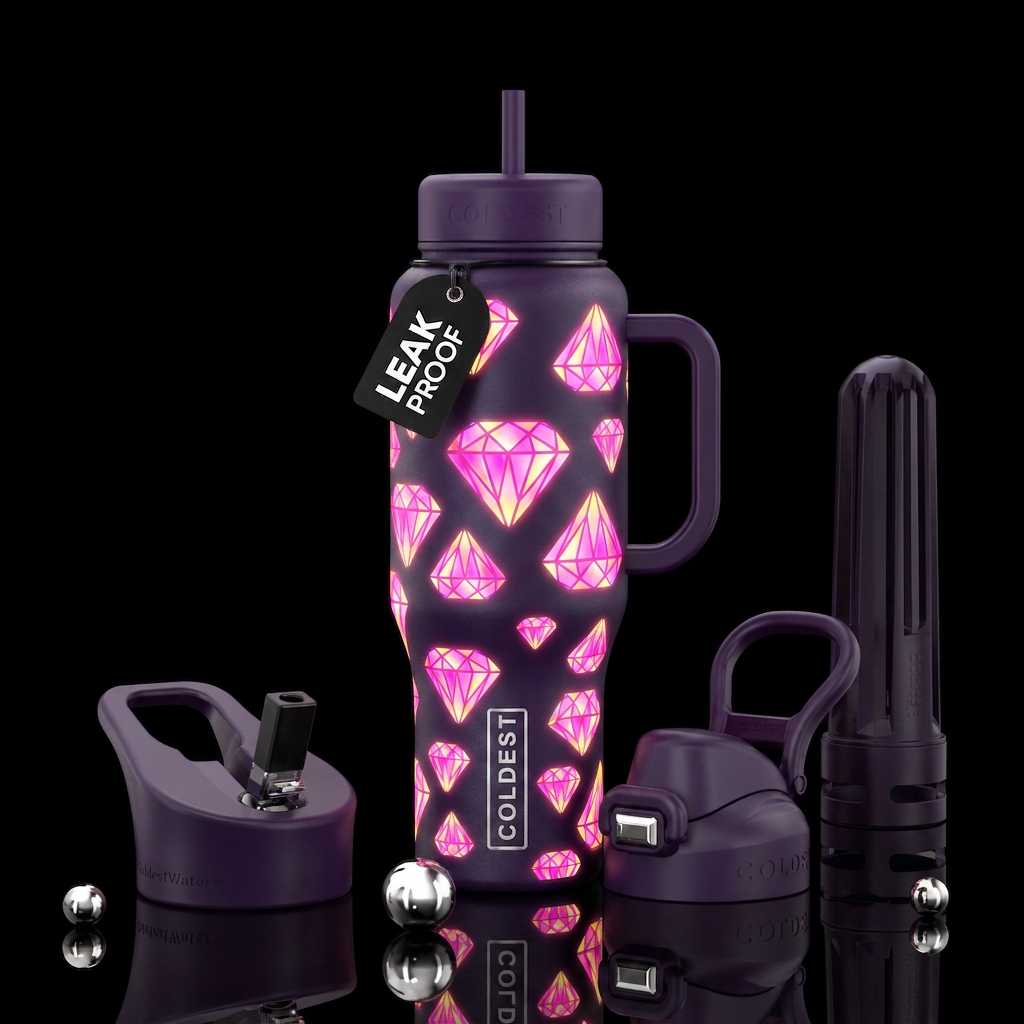 Glowiie Diamond shapes, dark purple bottle with pi... water bottle design