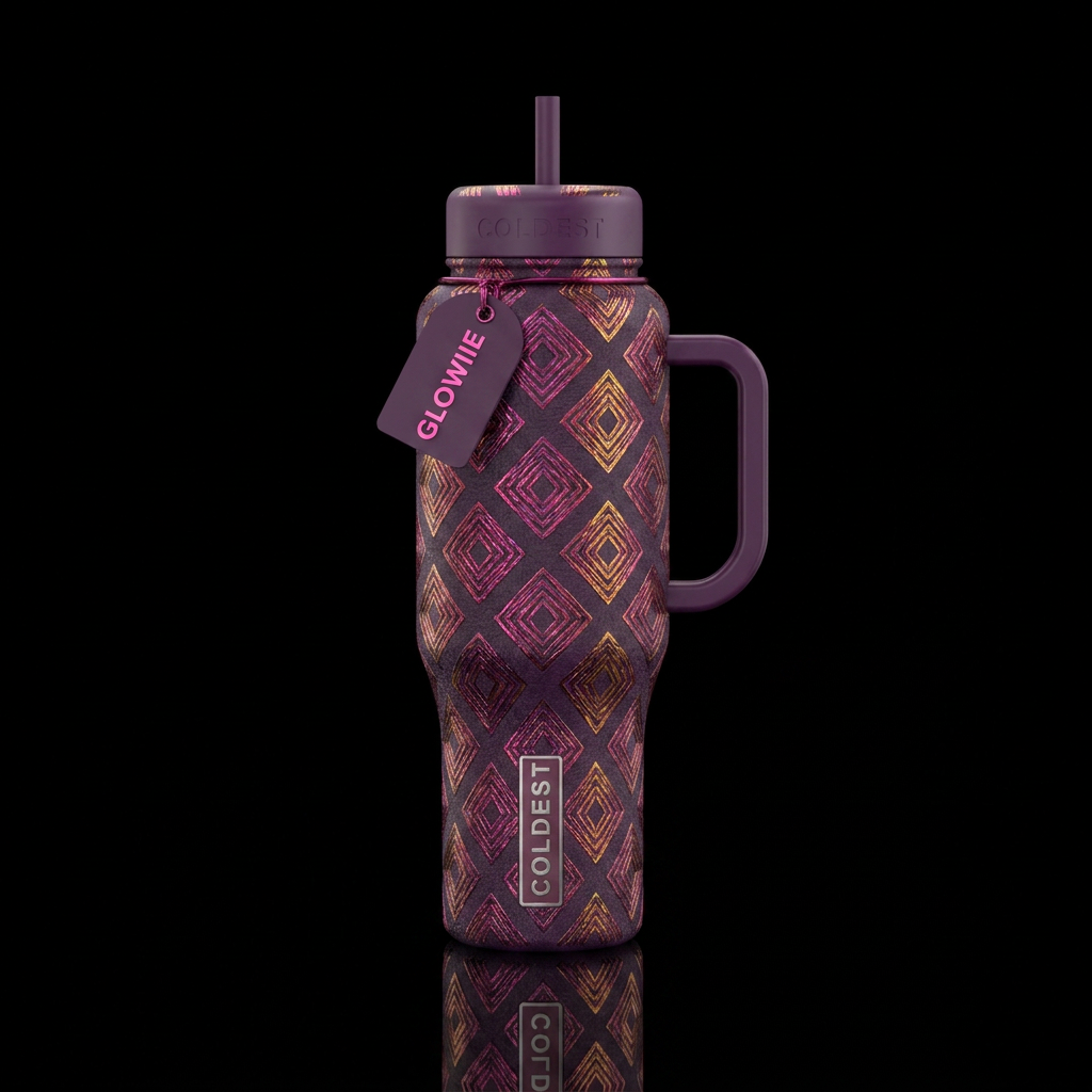 Glowiie Diamond shapes, dark purple bottle with pi... water bottle design