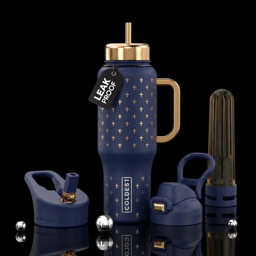 Navy blue bottle with small gold crosses, gold han... water bottle design