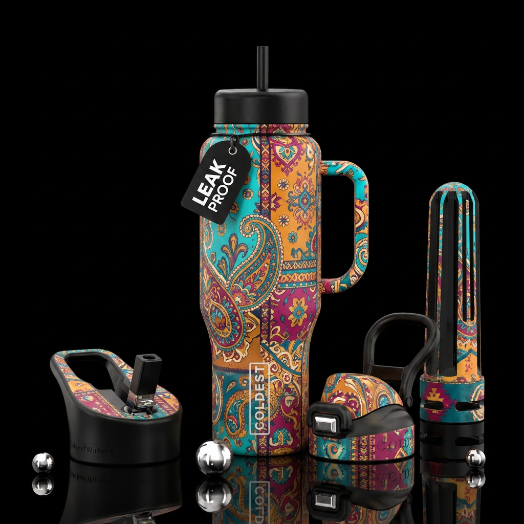 bohemian, vibrant colors water bottle design