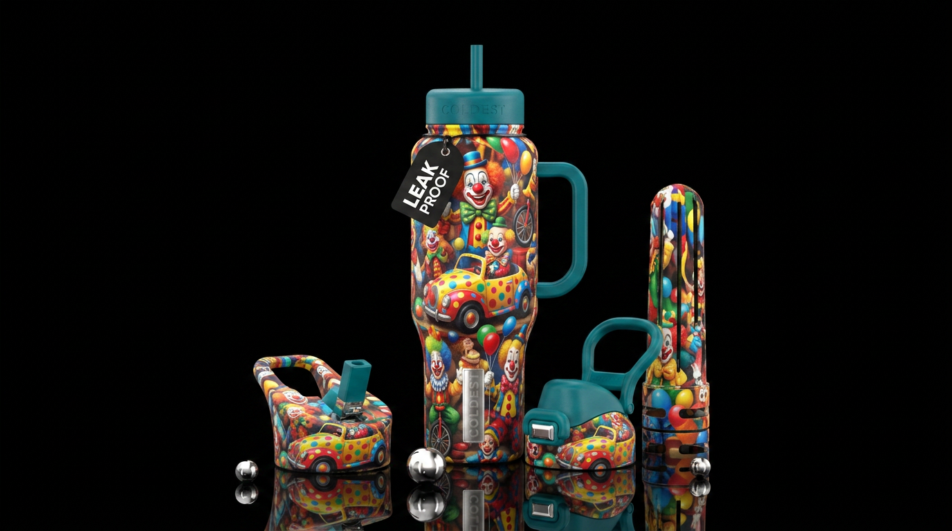 funny, clowns, clown cars, clown wigs, clown shoes... water bottle design