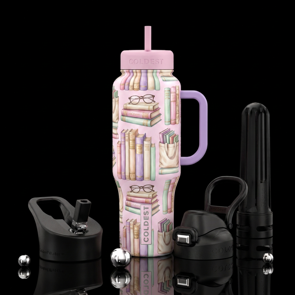 Girlish colors with books, reading glasses, tote b... water bottle design