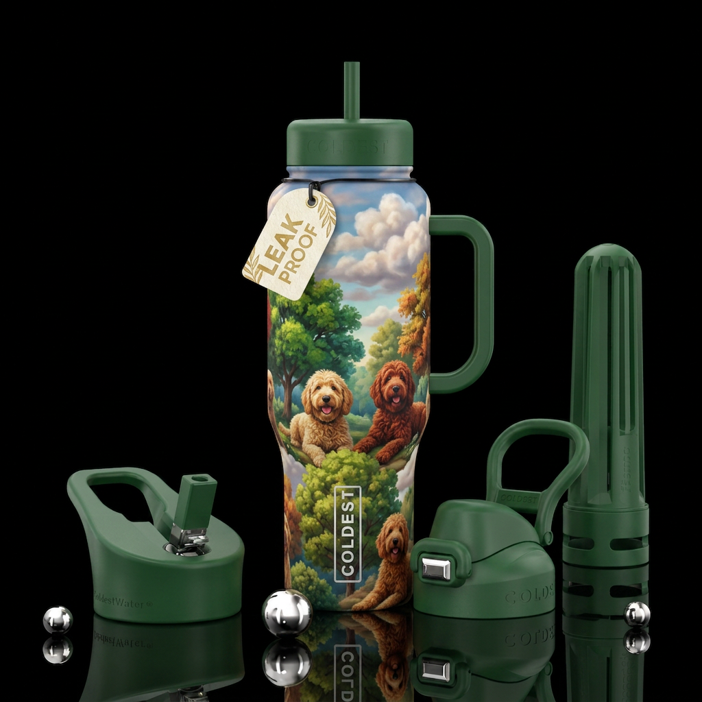 peaceful, trees, clouds, nature, goldendoodle water bottle design