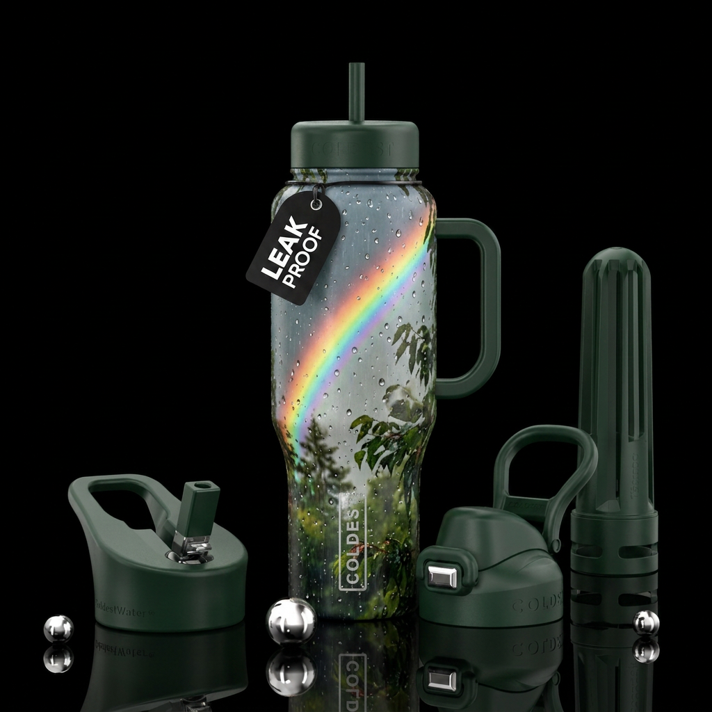 A beautiful rainbow after a storm, trees and leave... water bottle design