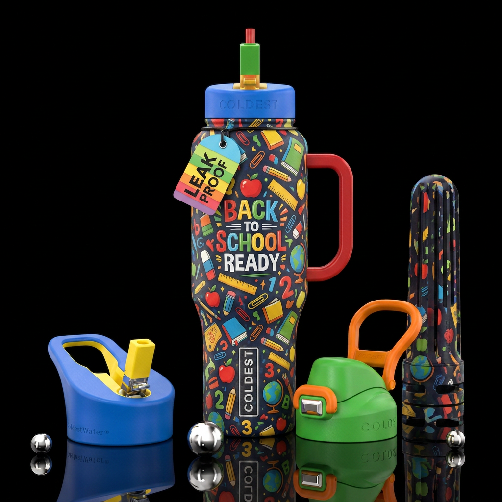 Back to school ready on a colorful bottle water bottle design