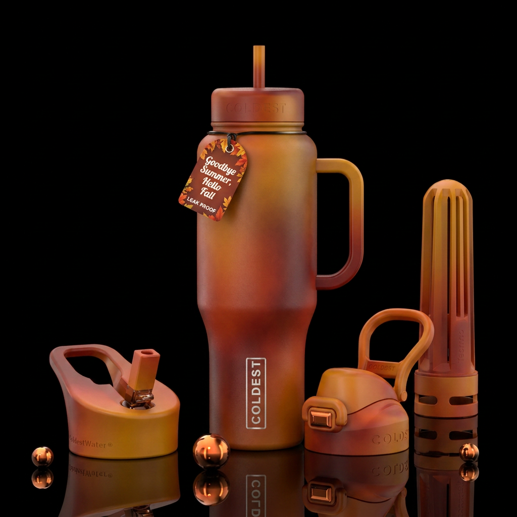 Goodbye summer, hello fall, lush colors, fun water bottle design
