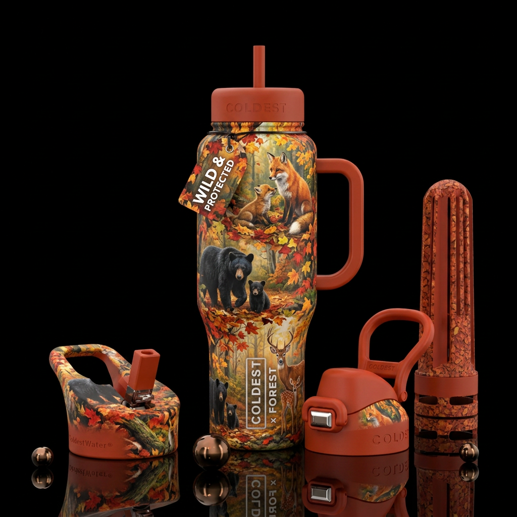 Forest animals with their babies on a fall day, lu... water bottle design