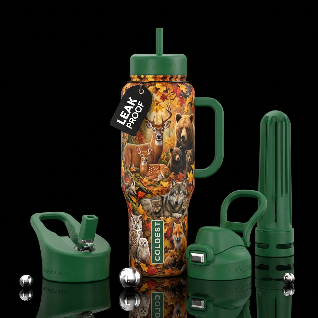 Forest animals with their babies on a fall day, lu... water bottle design