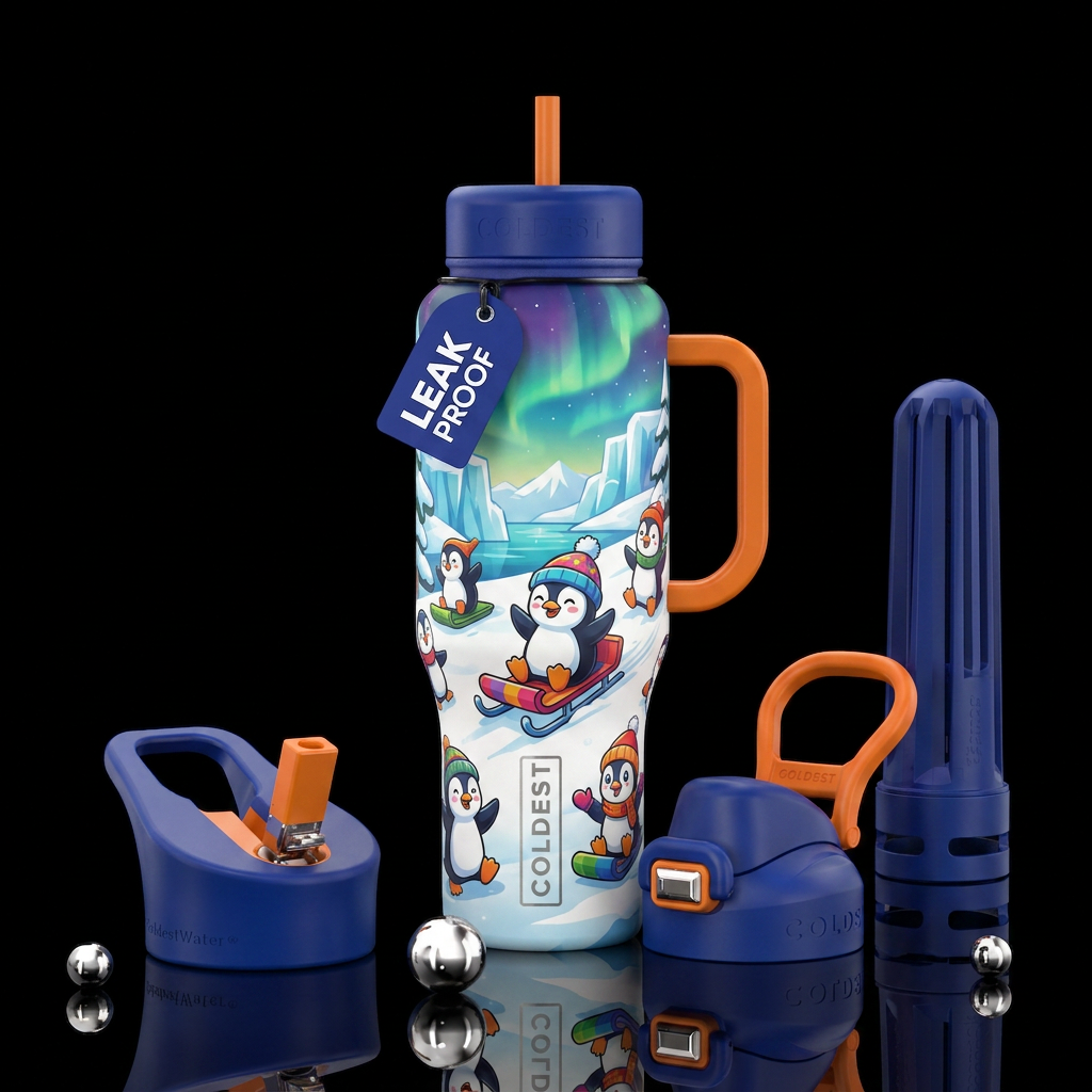 cartoon, penguins playing in the snow on sleds, br... water bottle design