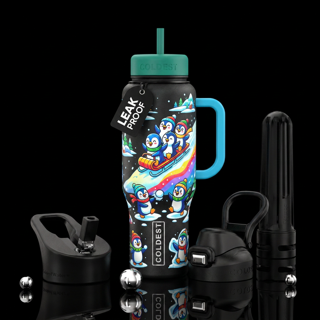 cartoon, penguins playing in the snow on sleds, br... water bottle design