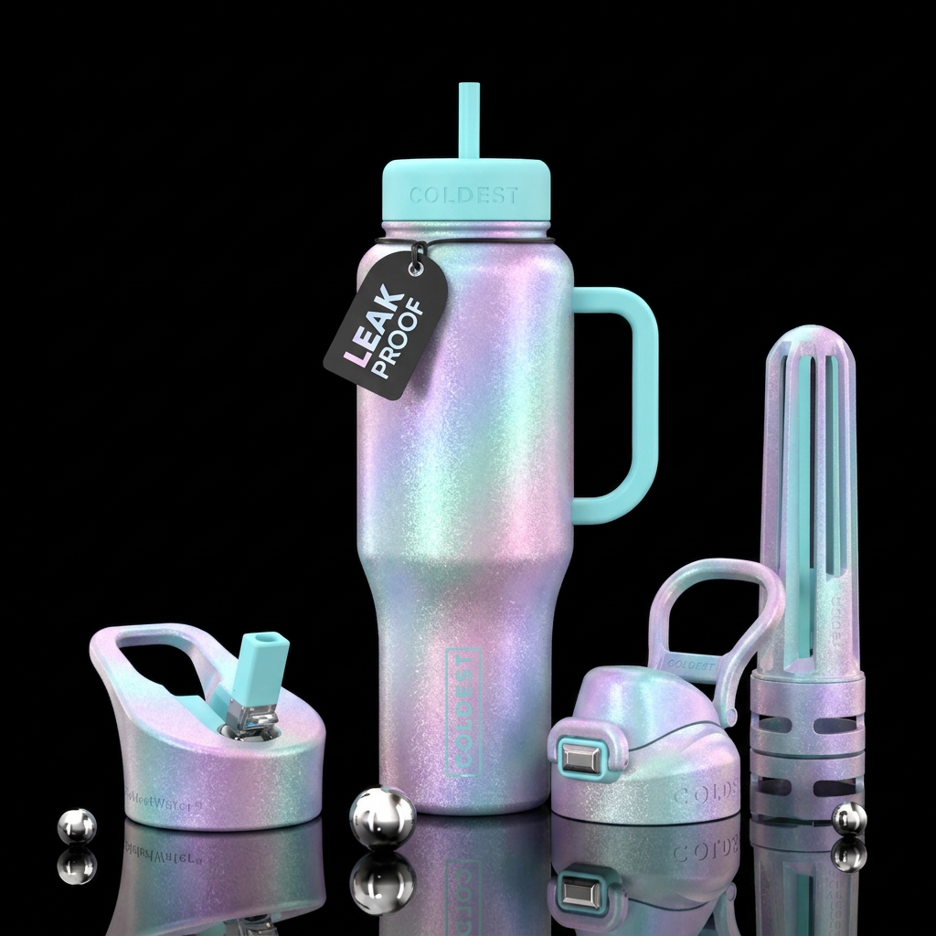 sparkly, shiny, satin, magical, pastel colors water bottle design