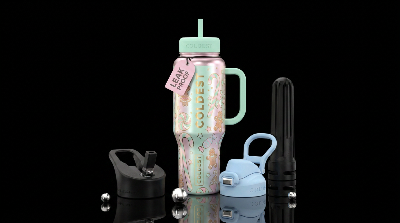 Pastel colors, candy shop at Christmas water bottle design